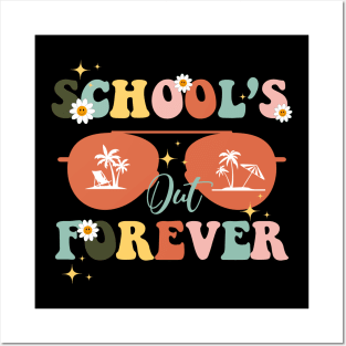 Womens Groovy School's Out Forever Retired Teacher 2023 Retirement Posters and Art